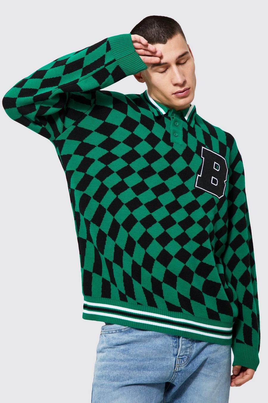 Green Oversized Checkerboard Badge Knitted Polo image number 1