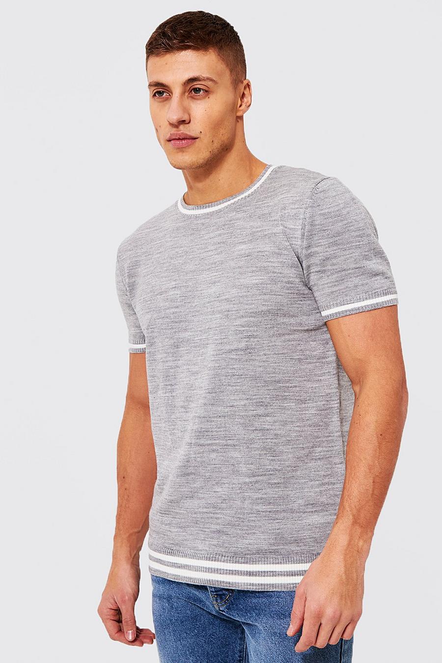 T-shirt en maille à rayures contrastantes, Grey marl