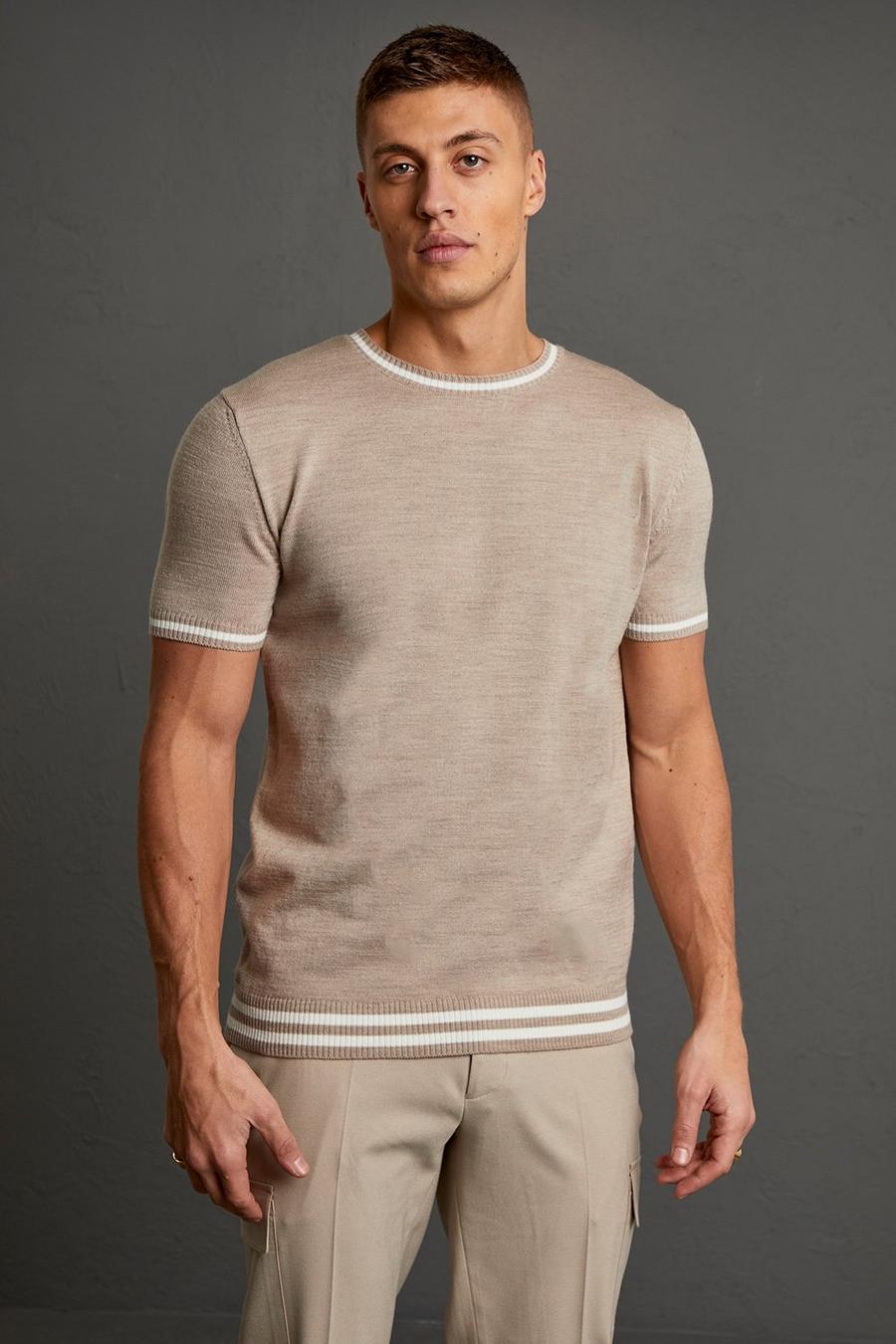 Stone Knitted T-shirt With Stripes image number 1