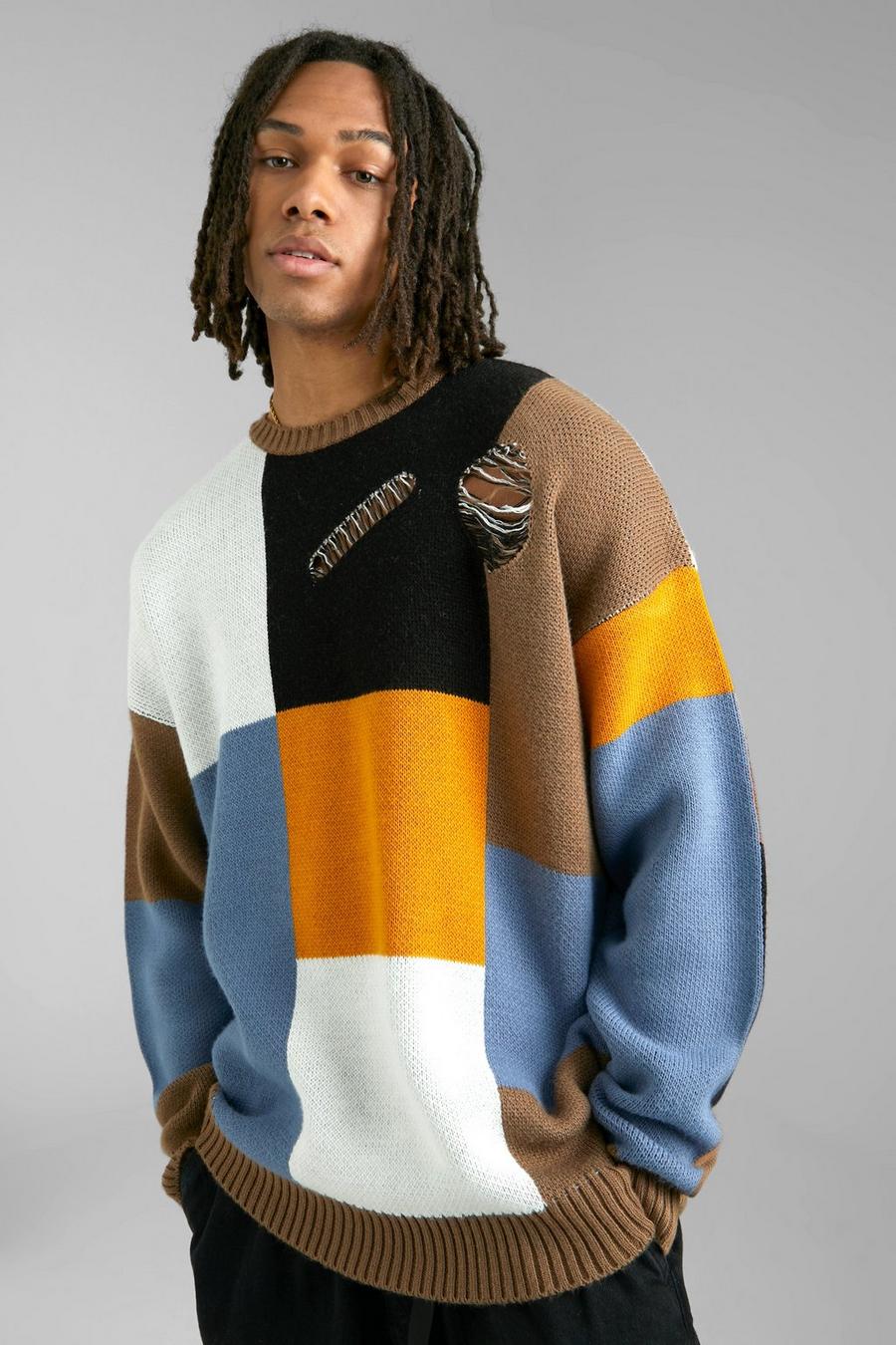 Multi Oversized Patchwork Distressed Knitted Jumper image number 1