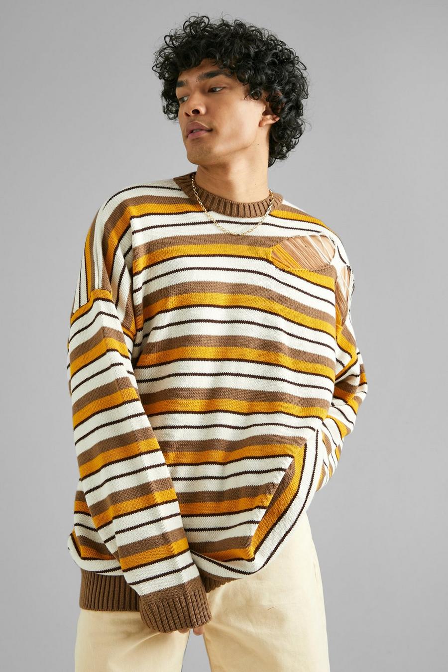 Multi Oversized Striped Distressed Knitted Jumper image number 1
