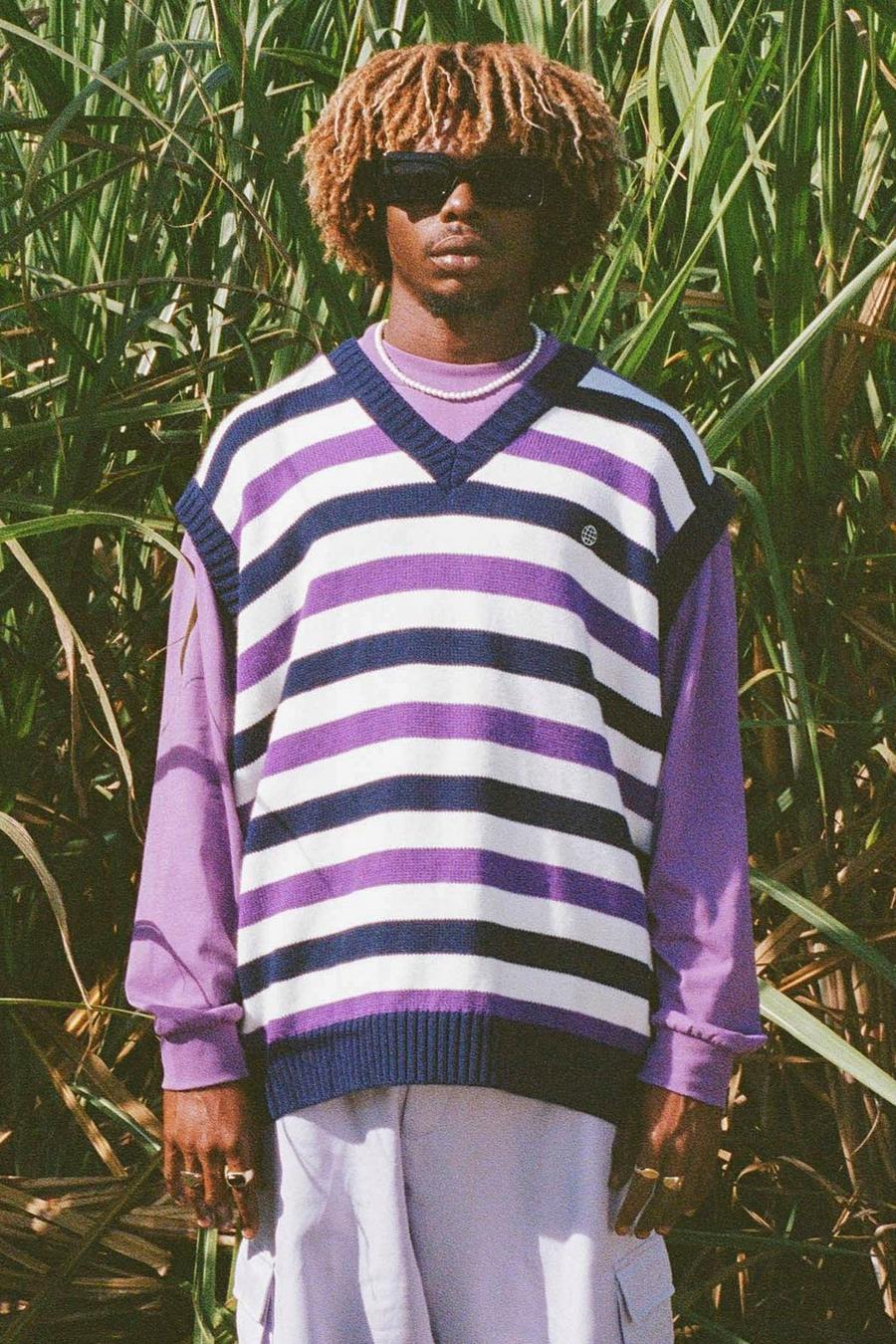 Purple Oversized Striped V Neck Knitted Vest