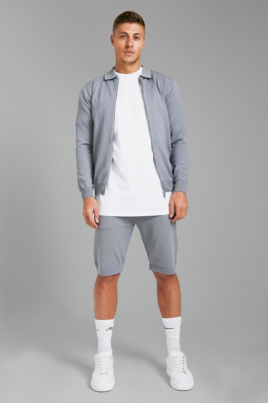 Grey Smart Knitted Harrington Jacket & Shorts Set
