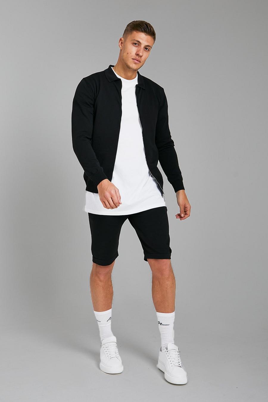 Black Smart Knitted Harrington Jacket & Shorts Set image number 1