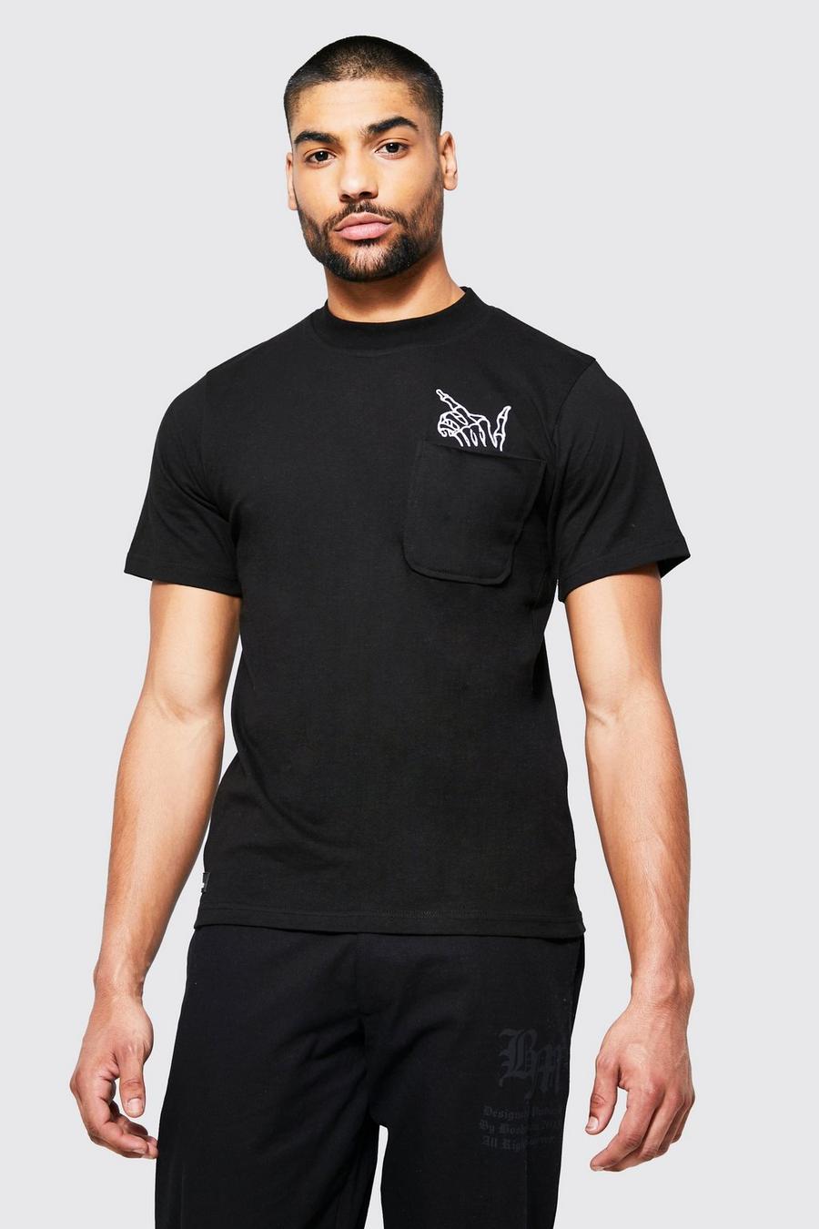 Black Skeleton Embroidered Extended Neck T-shirt