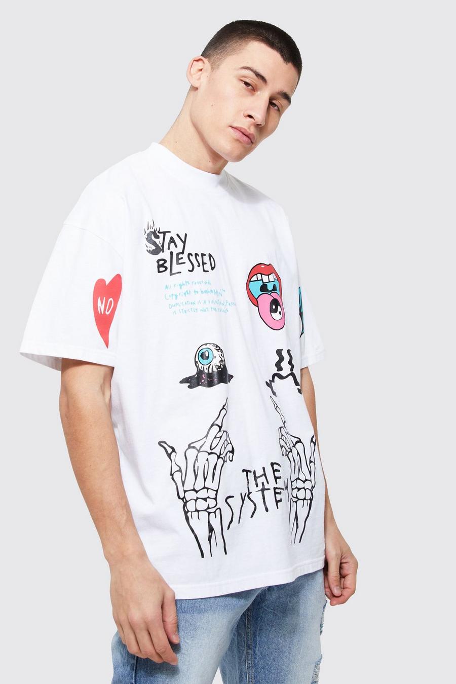 T-shirt oversize stile Graffiti con girocollo esteso, White image number 1