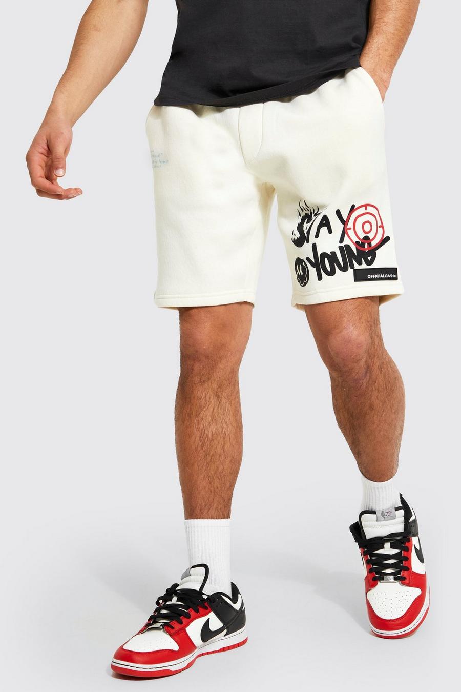 Pantalón corto Regular de tela jersey con estampado gráfico de grafiti, Ecru blanco