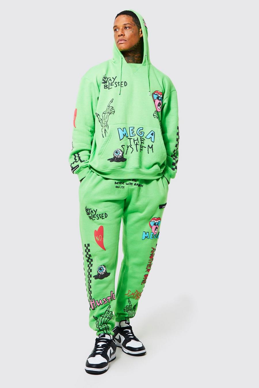 Green Oversized Graffiti Print Hooded Tracksuit image number 1