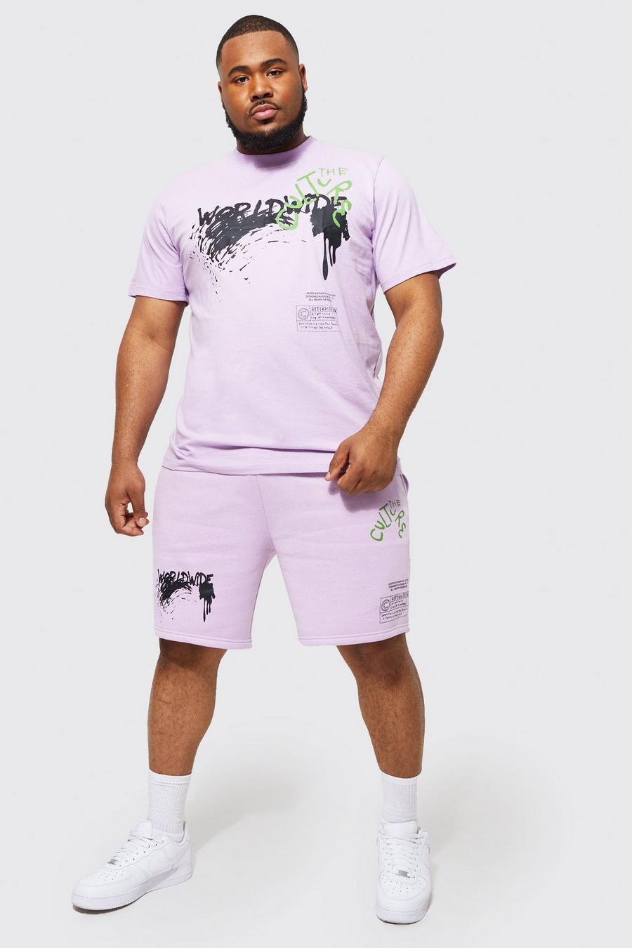 Plus kurzer T-Shirt Trainingsanzug mit Grafitti-Print, Purple
