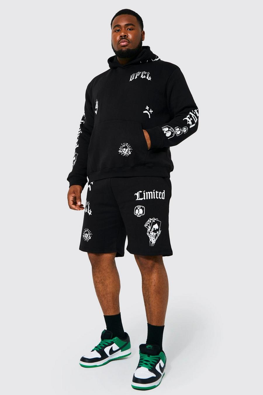 Black Plus - Hoodie och shorts med graffititryck image number 1