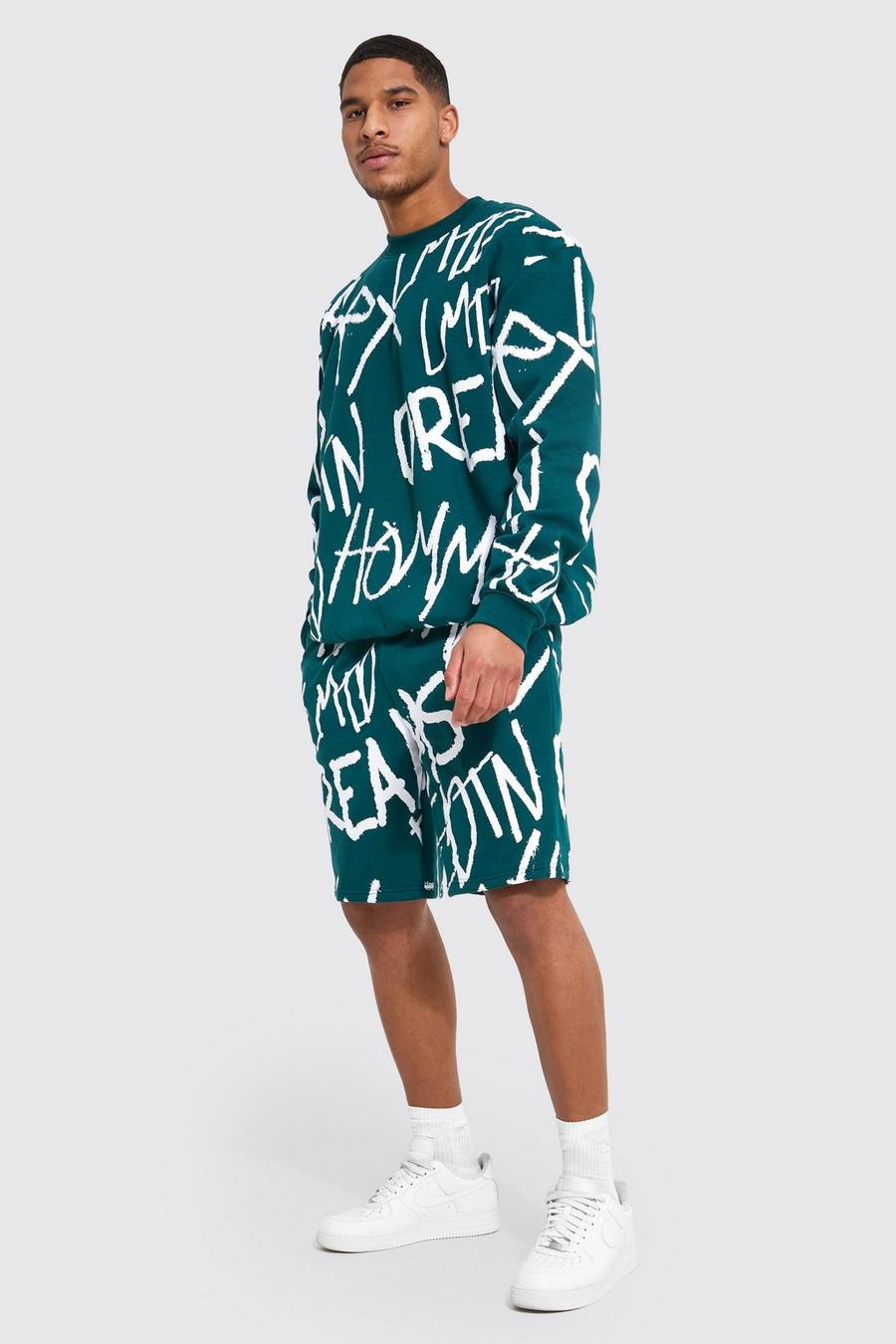 Tall kurzer Oversize Sweatshirt-Trainingsanzug mit Grafitti-Print, Forest green