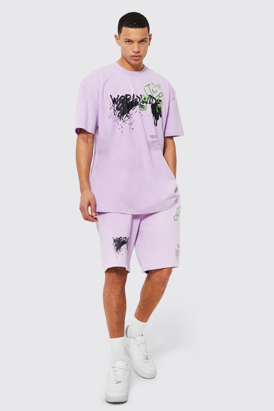 Chándal Tall de pantalón y camiseta cortos con estampado de grafiti, Purple viola