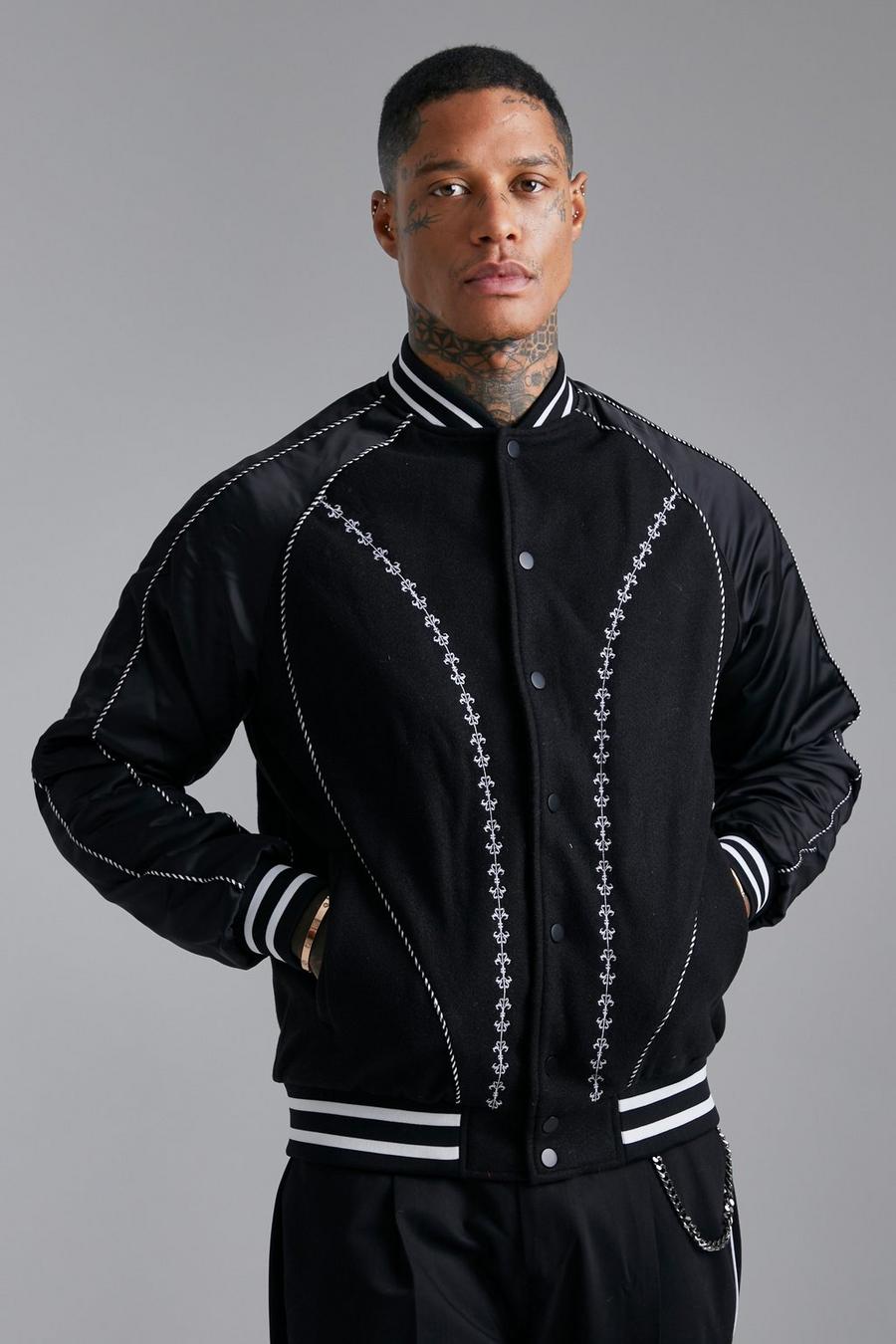 Black Piping Western Embroidered Satin Bomber image number 1