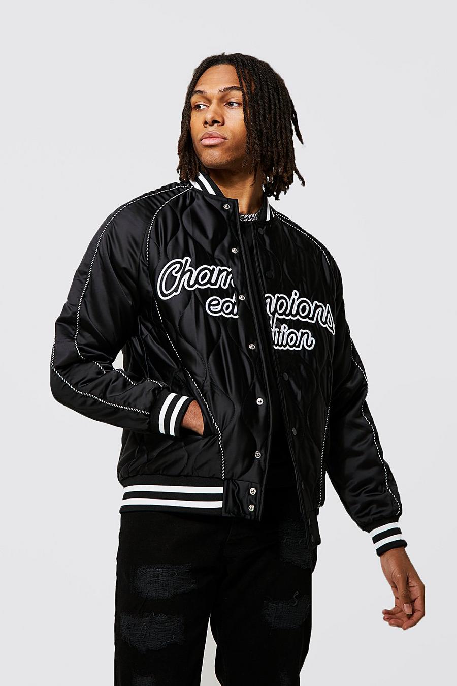 Black Quilted Satin Champions Bomber image number 1