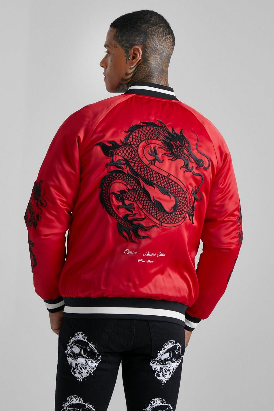 Red Full Snake Arm And Back Embroidered Bomber image number 1
