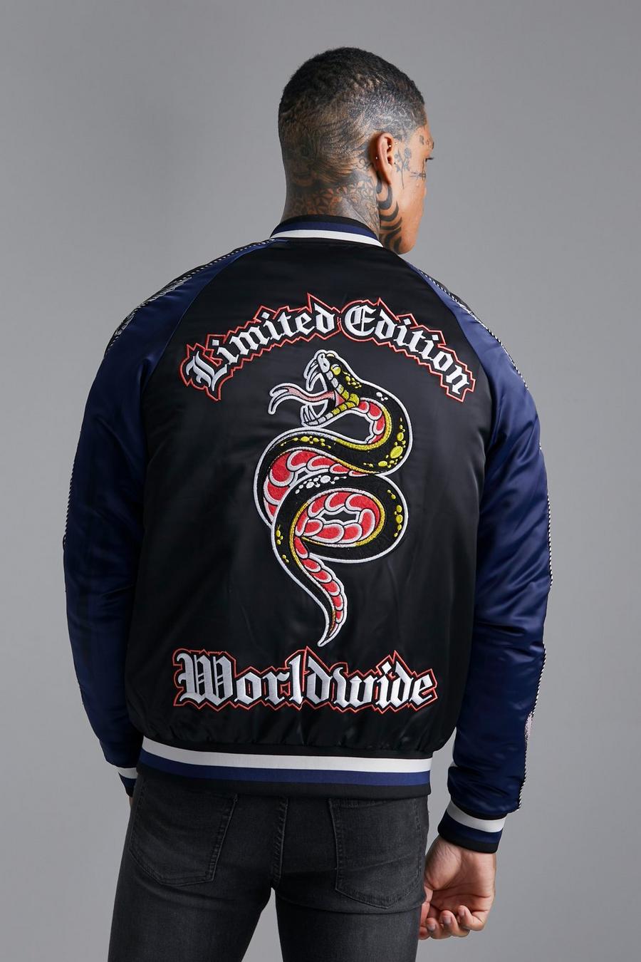 Navy marine Snake And Swallow Arm And Back Satin Bomber