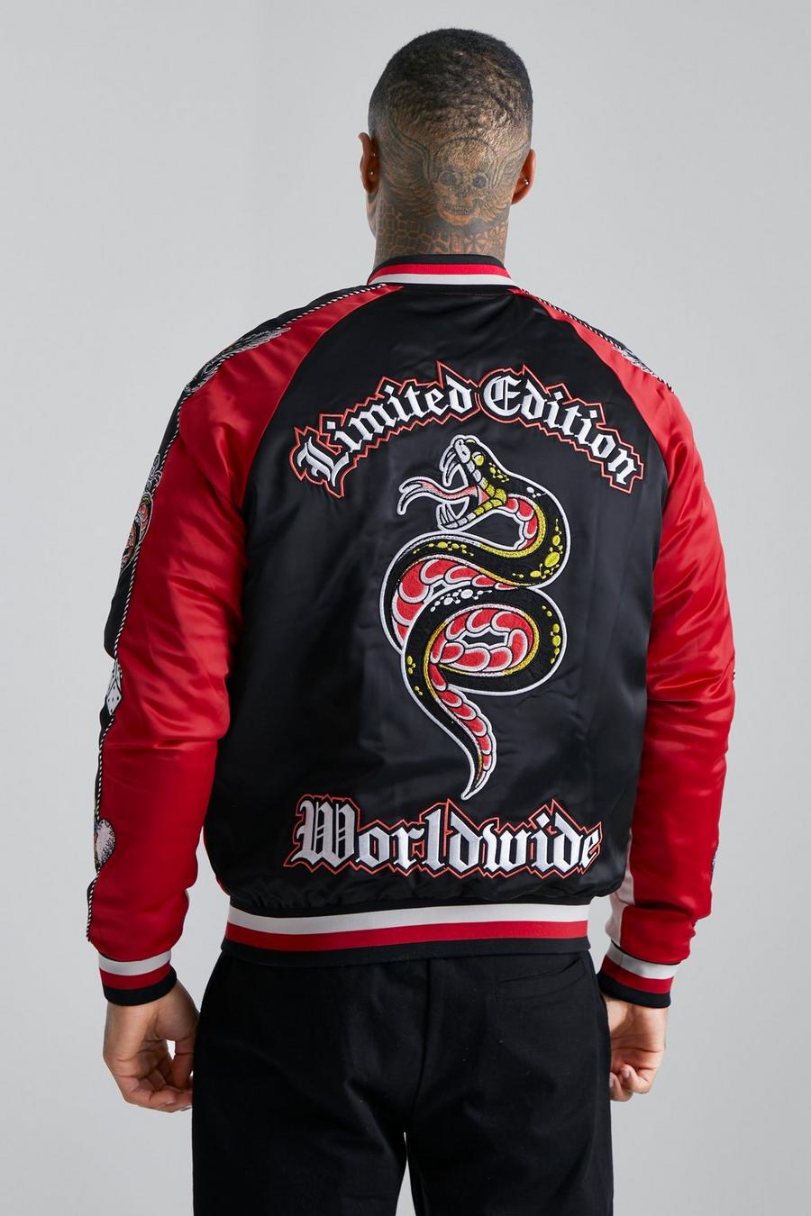 Red Snake And Swallow Arm And Back Satin Bomber image number 1