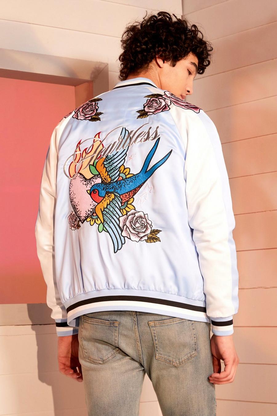 Light blue Swallow Embroidered Back Satin Bomber
