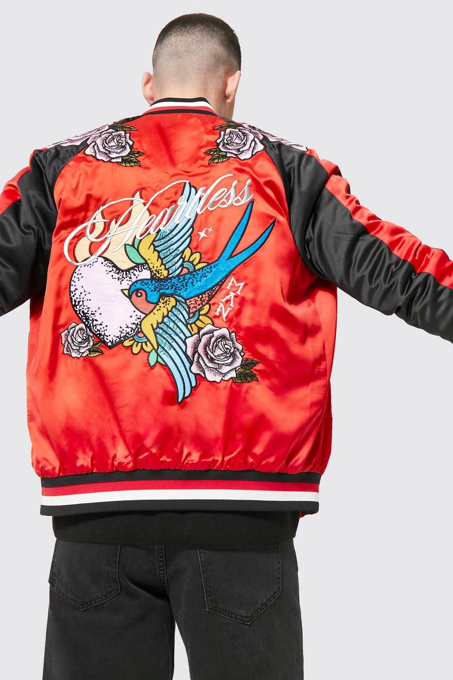 Red Swallow Embroidered Back Satin Bomber image number 1