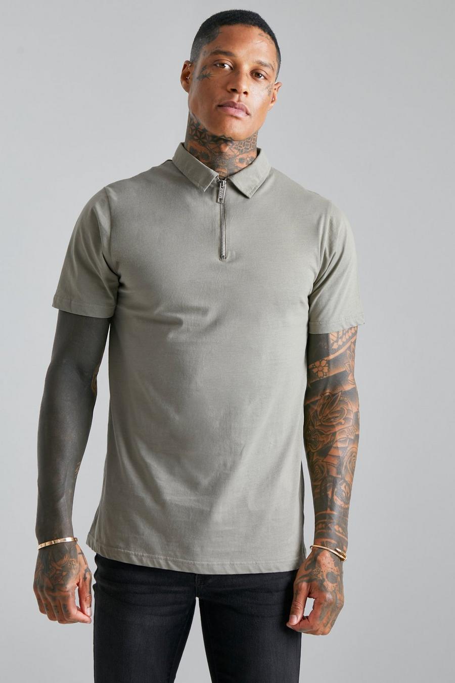 Taupe Slim Fit Short Sleeve Zip Polo image number 1