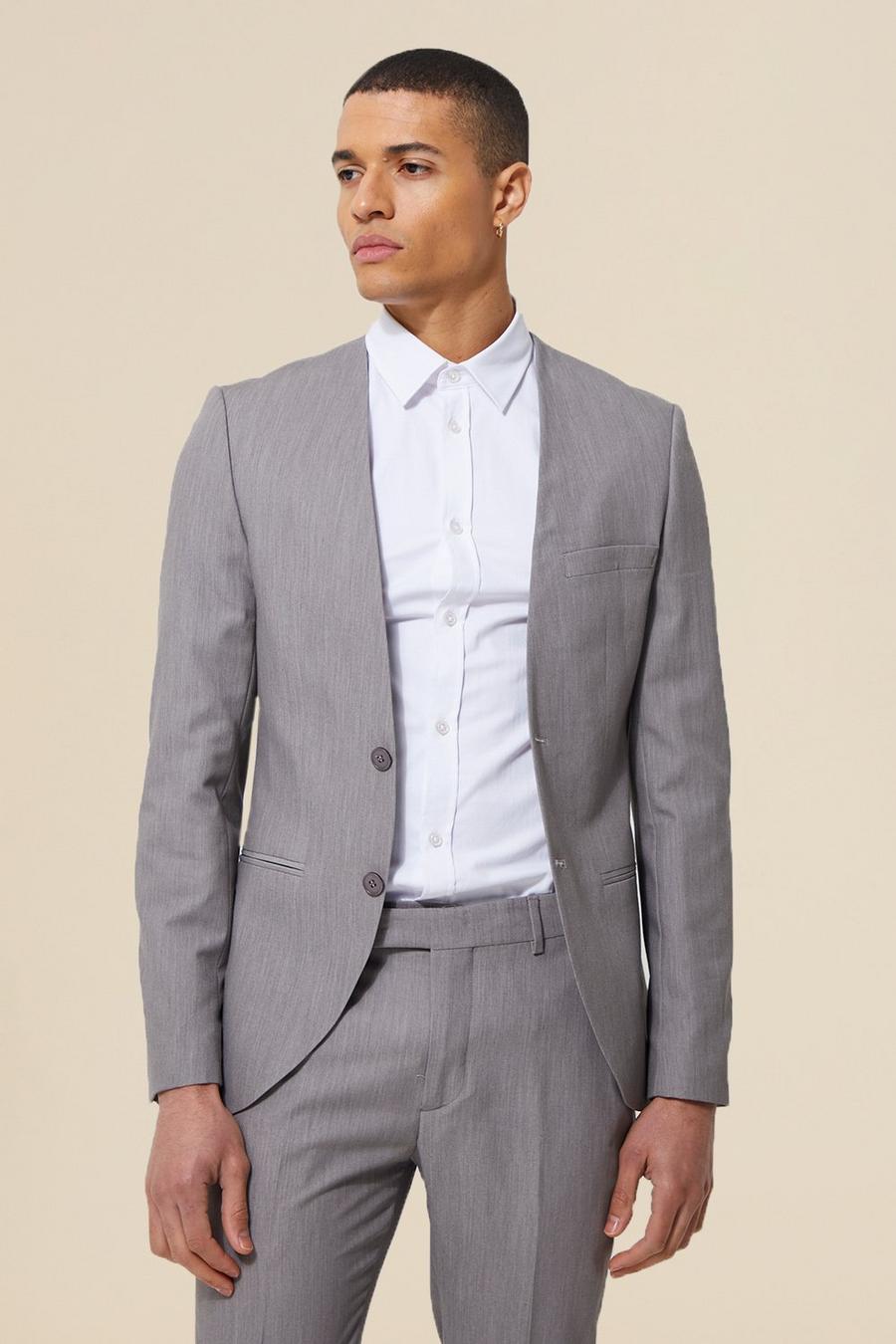 Grey Collarless Suit Jacket