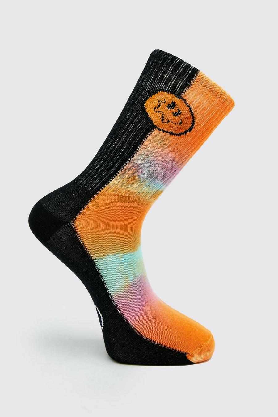 Yellow Tie Dye And Embroidered Happy Face Sport Sock image number 1