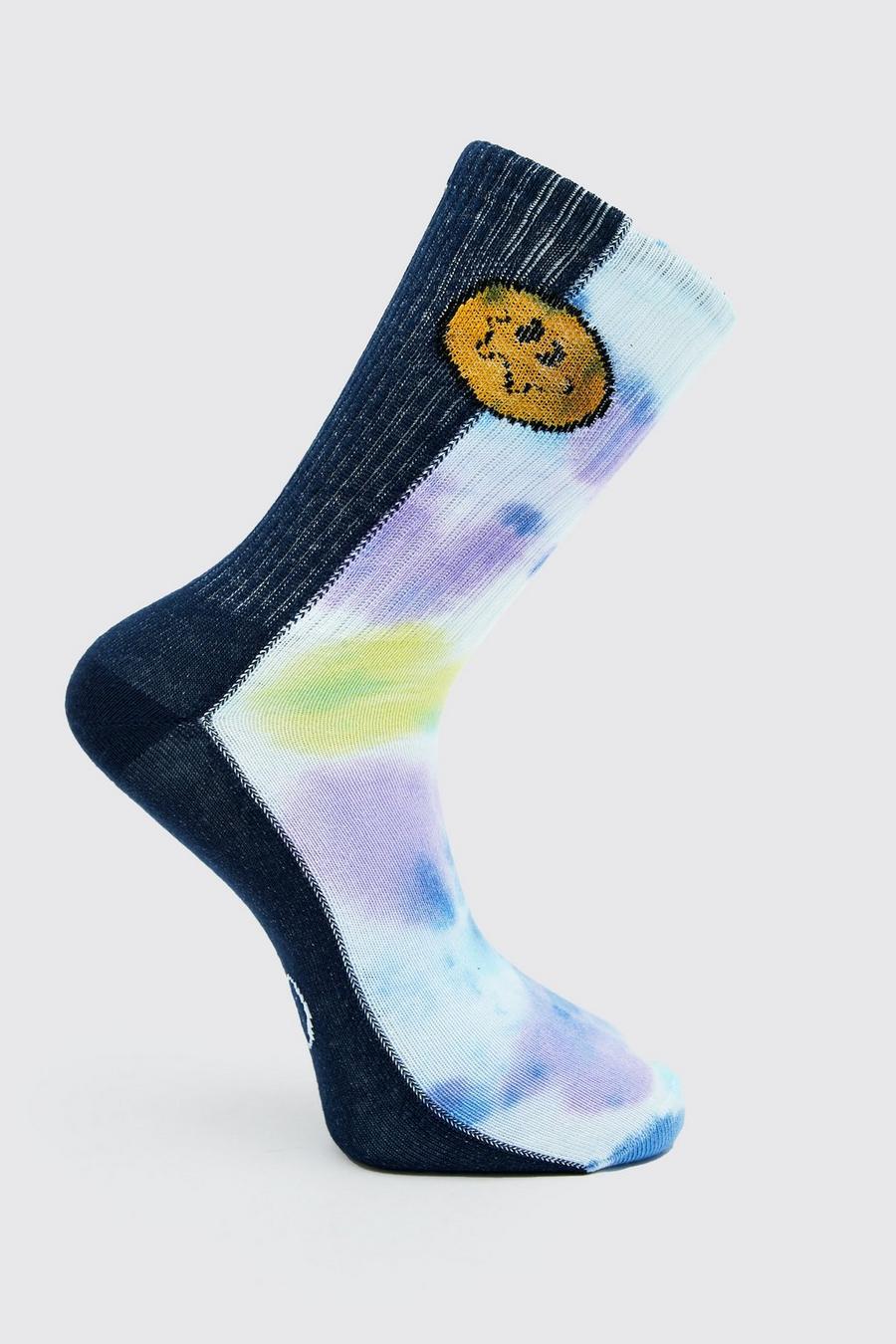 Purple Tie Dye And Embroidered Happy Face Sport Sock