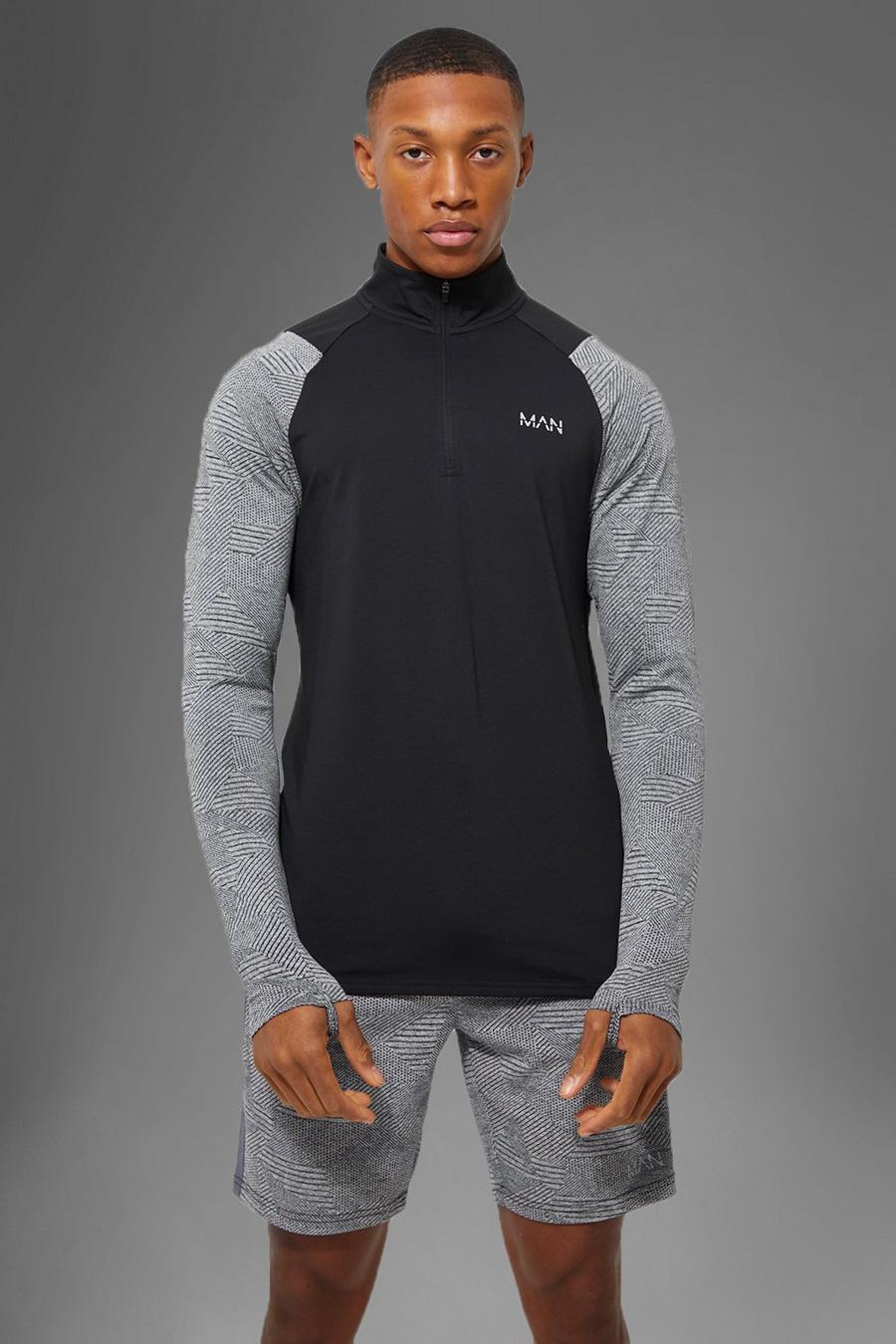 Top Man Active Gym con pannelli in jacquard e zip corta, Black image number 1