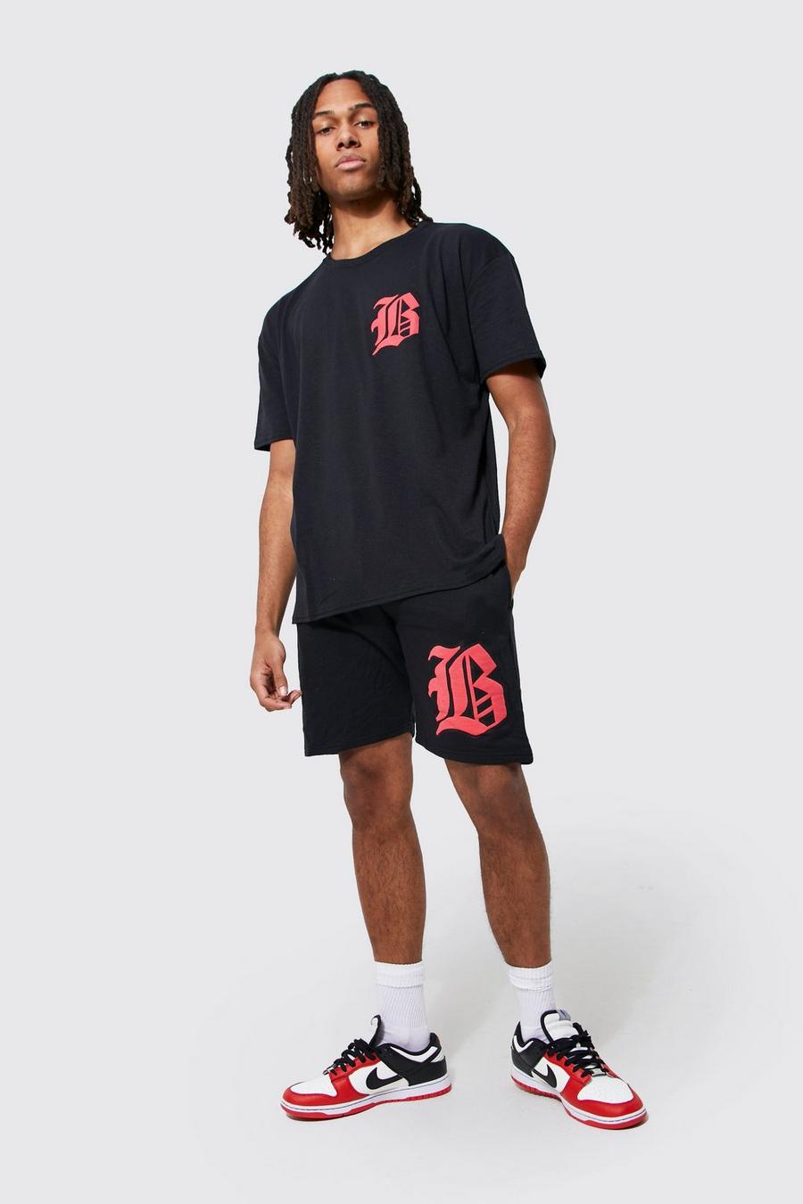 Black Oversized Varsity B T-Shirt En Shorts Set image number 1