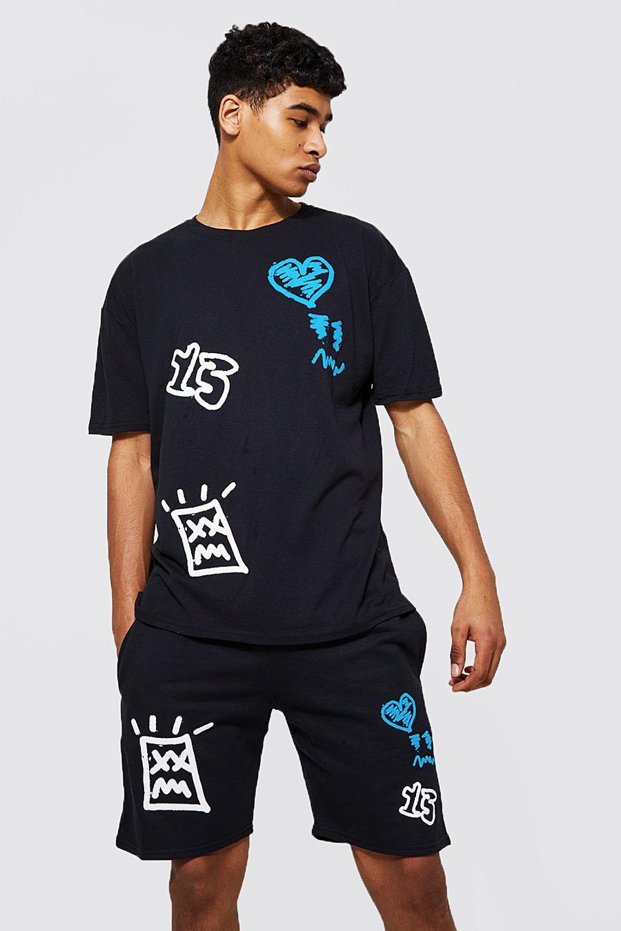 Set T-shirt & pantaloncini oversize con stampa stile Graffiti, Black image number 1