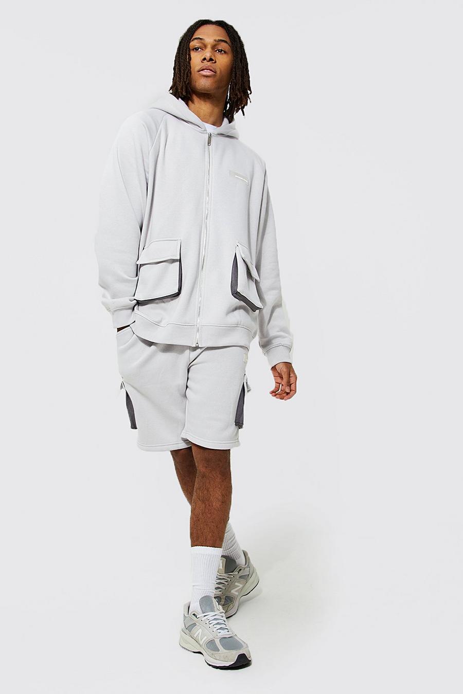 Light grey Oversized Cargo Man Trainingspak Met Capuchon En Shorts image number 1