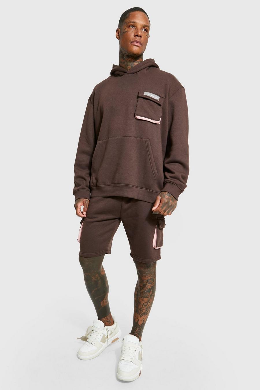 Chocolate brown Oversized Man Cargo Hooded Short Tracksuit image number 1