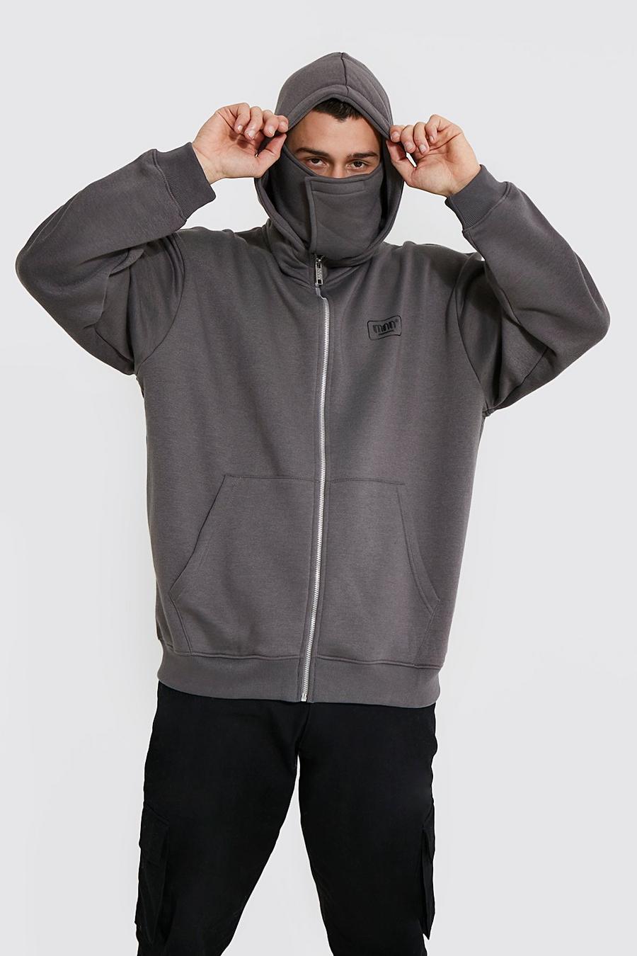 Charcoal grey Oversized Man Zip Hoodie With Face Covering