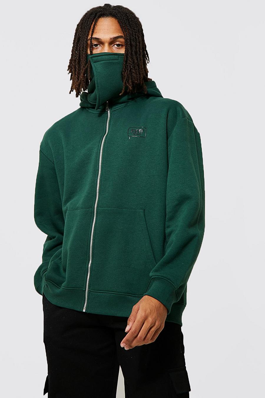 Forest green Oversized Man Zip Hoodie With Face Covering