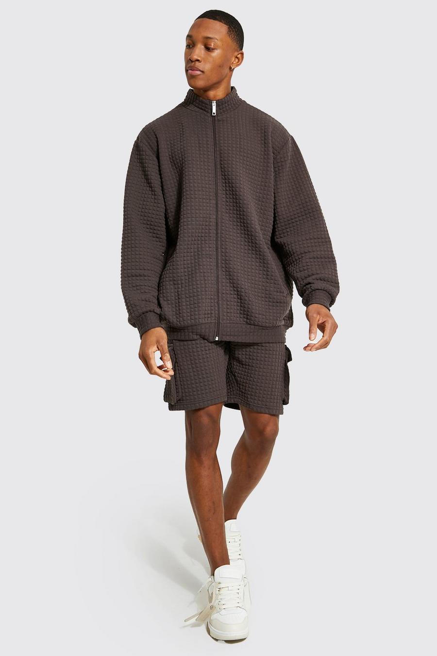 Chocolate marrón Oversized Zip Funnel Quilted Short Tracksuit