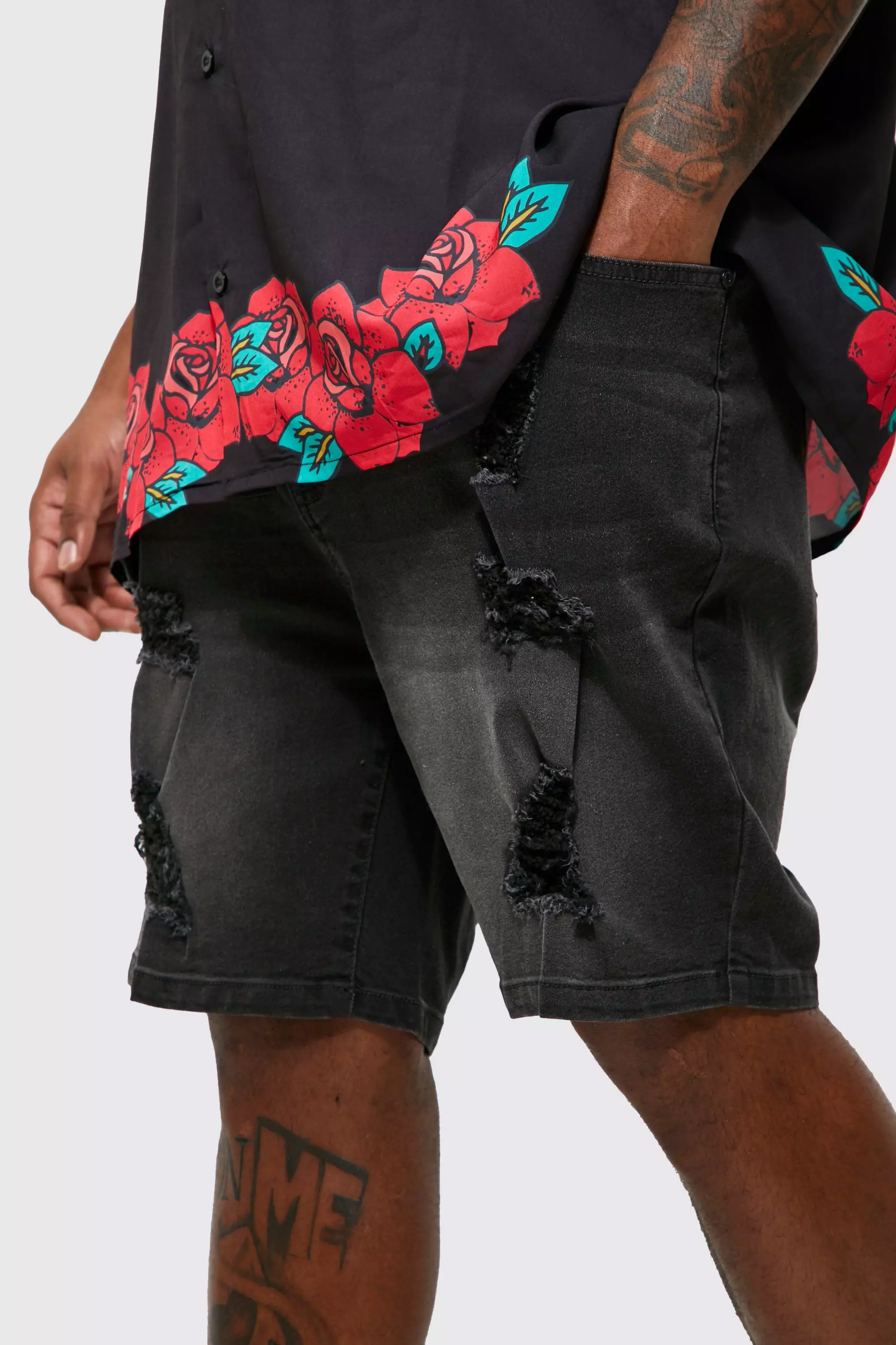 Distressed denim store bermuda shorts black