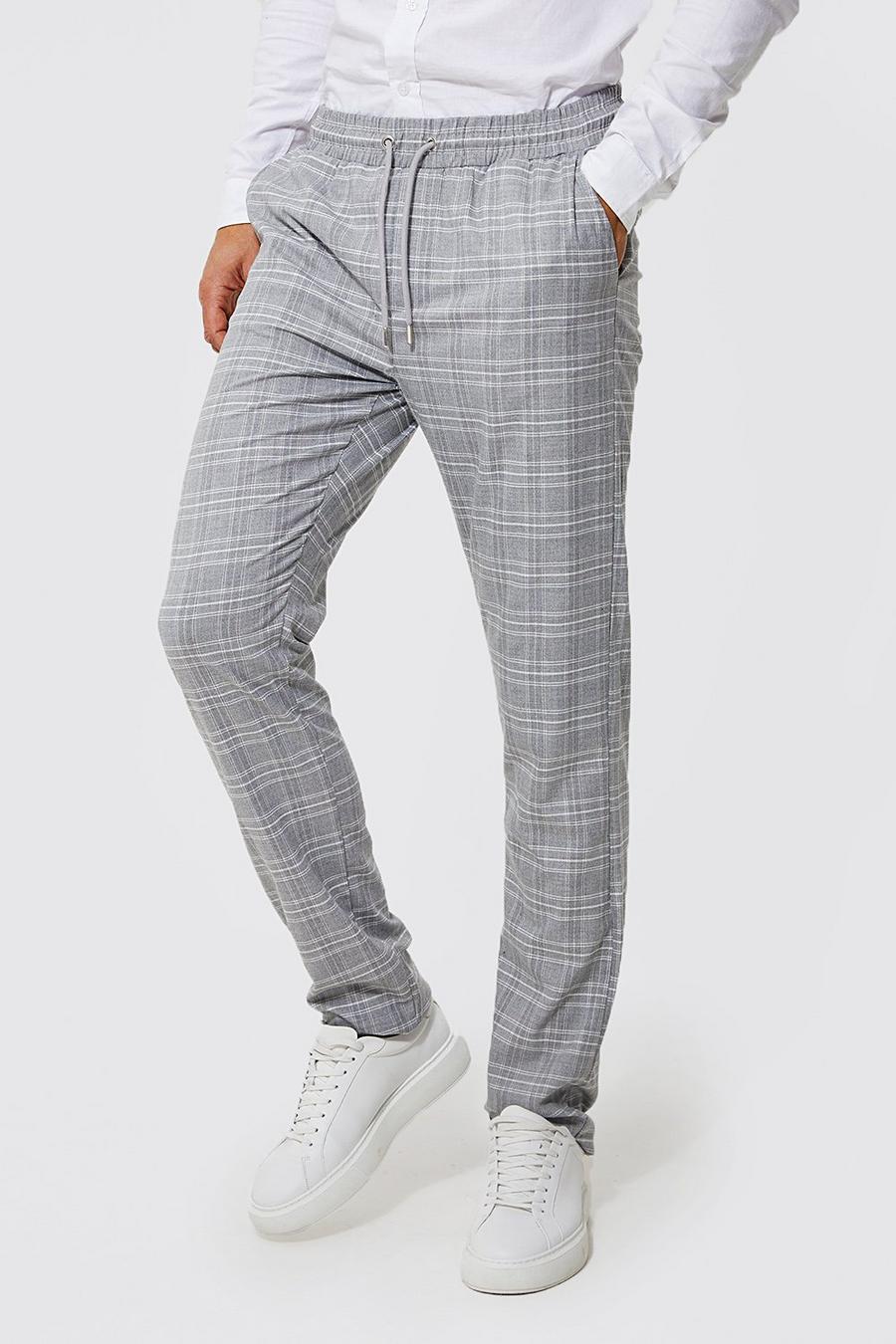 Light grey gris Tall Skinny Elasticated Check Trouser