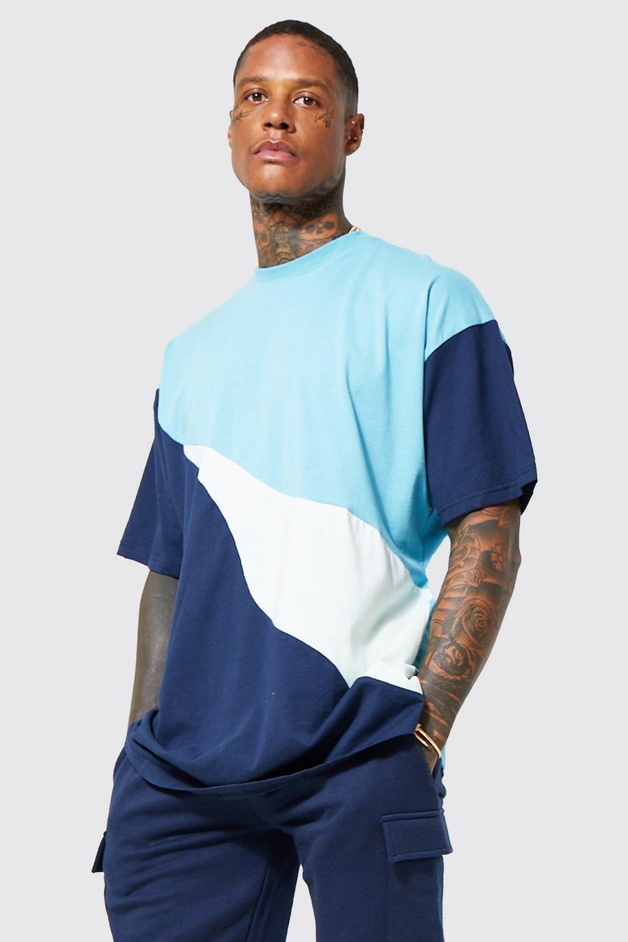 Blue Curved Spliced Colour Block T-shirt image number 1