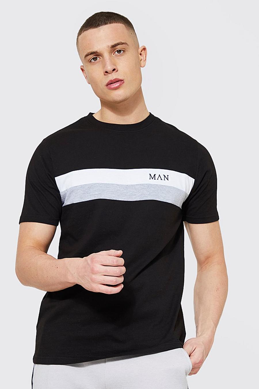 Camiseta con colores en bloque y letras MAN estilo romano, Black