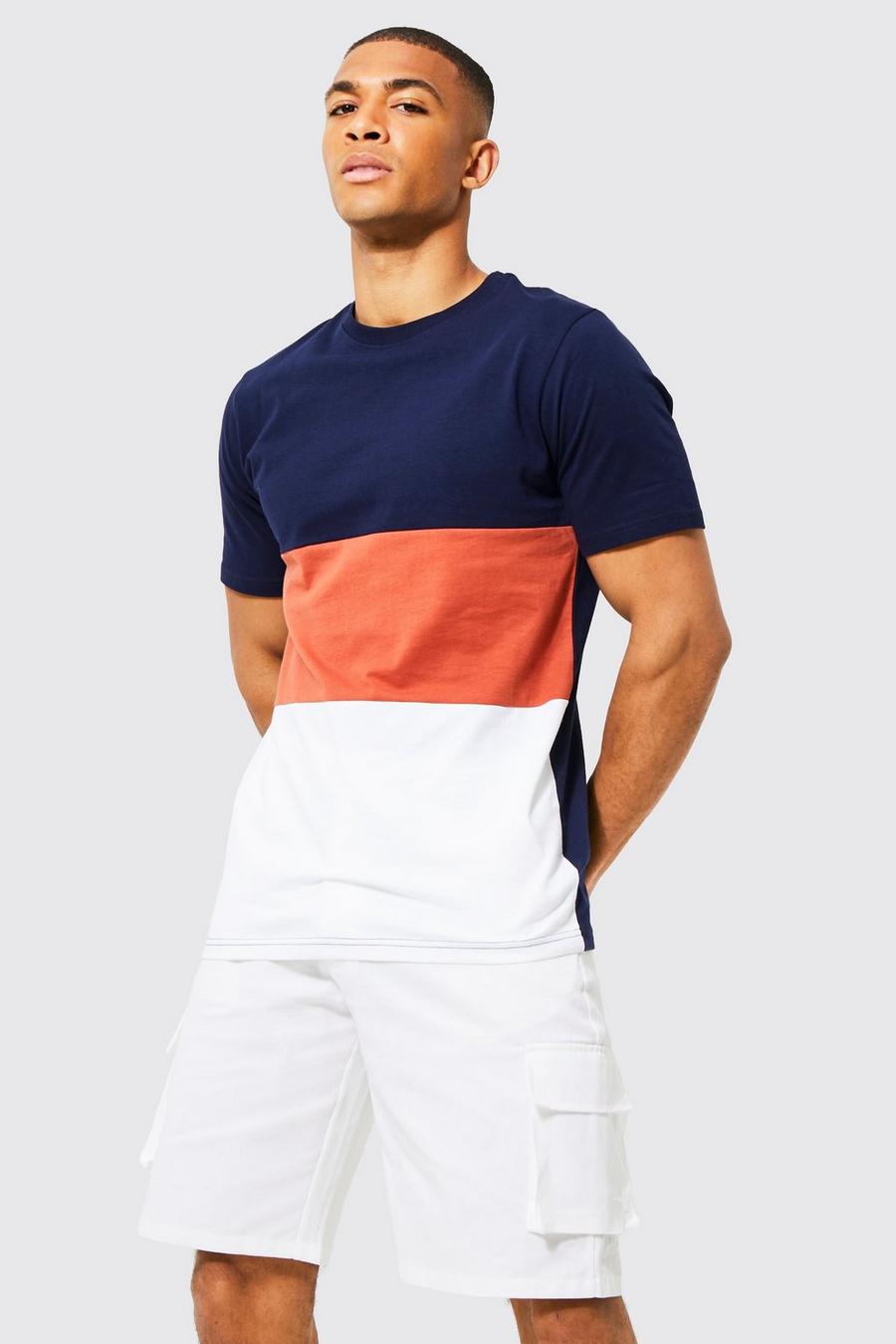 T-shirt a girocollo a blocchi di colore, Navy blu oltremare