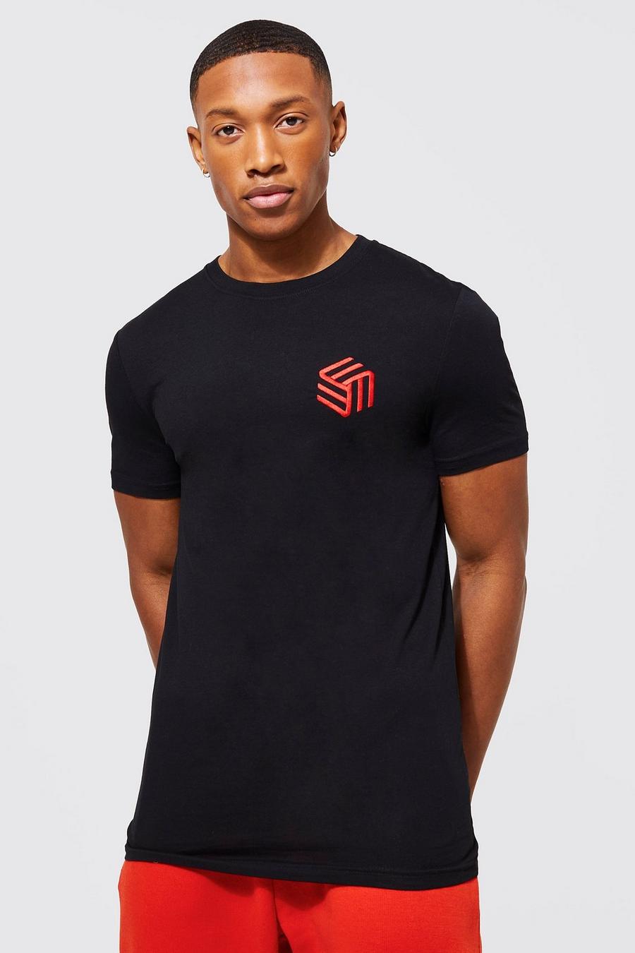 Black Muscle Fit Logo Embroidered T-shirt image number 1