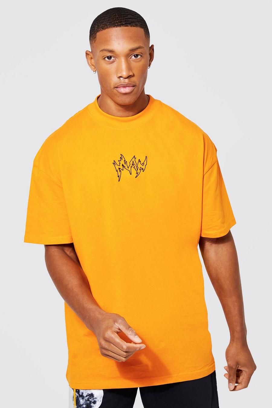 Orange Oversized Geborduurd Man T-Shirt Met Brede Nek image number 1
