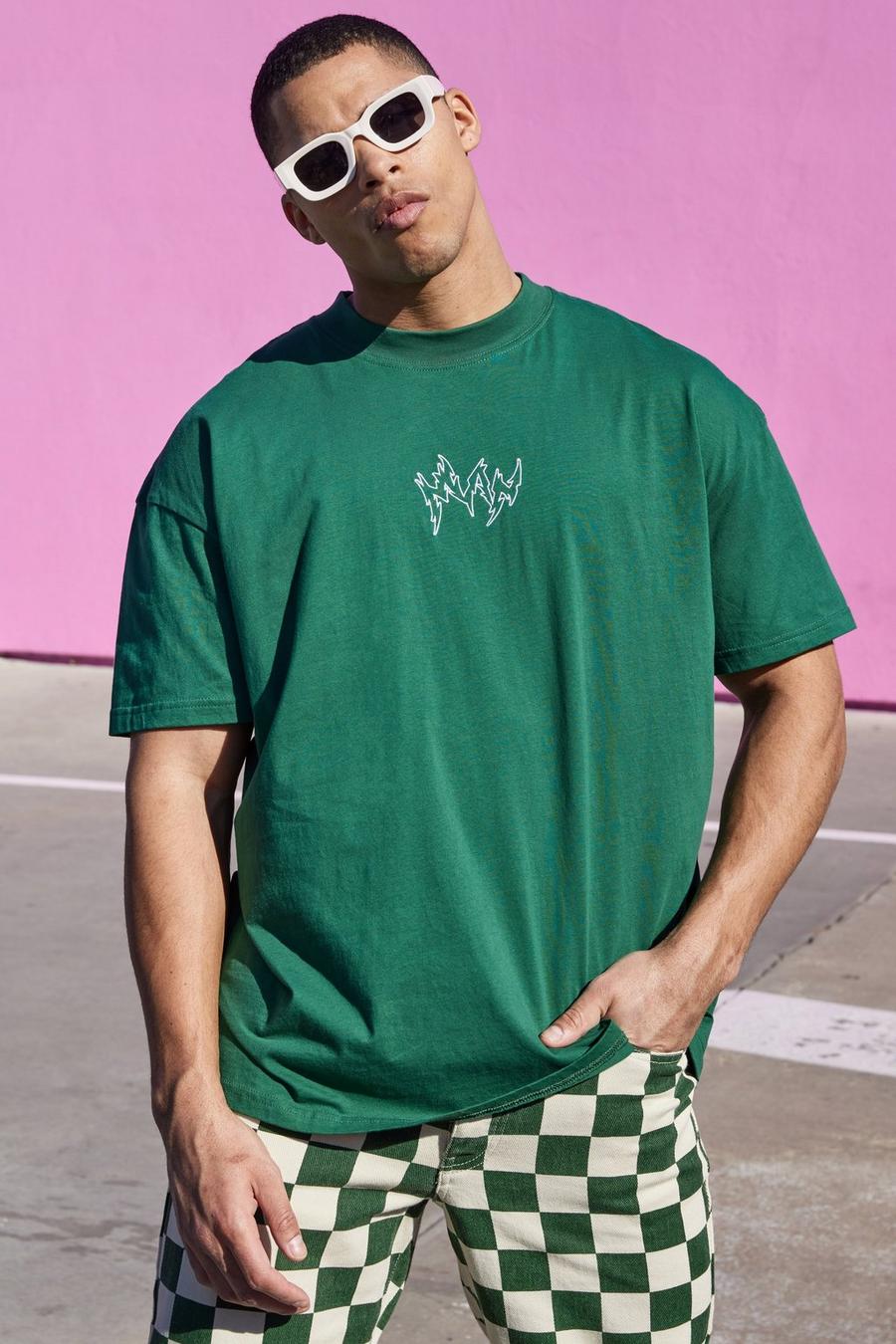 Green Oversized Geborduurd Man T-Shirt Met Brede Nek