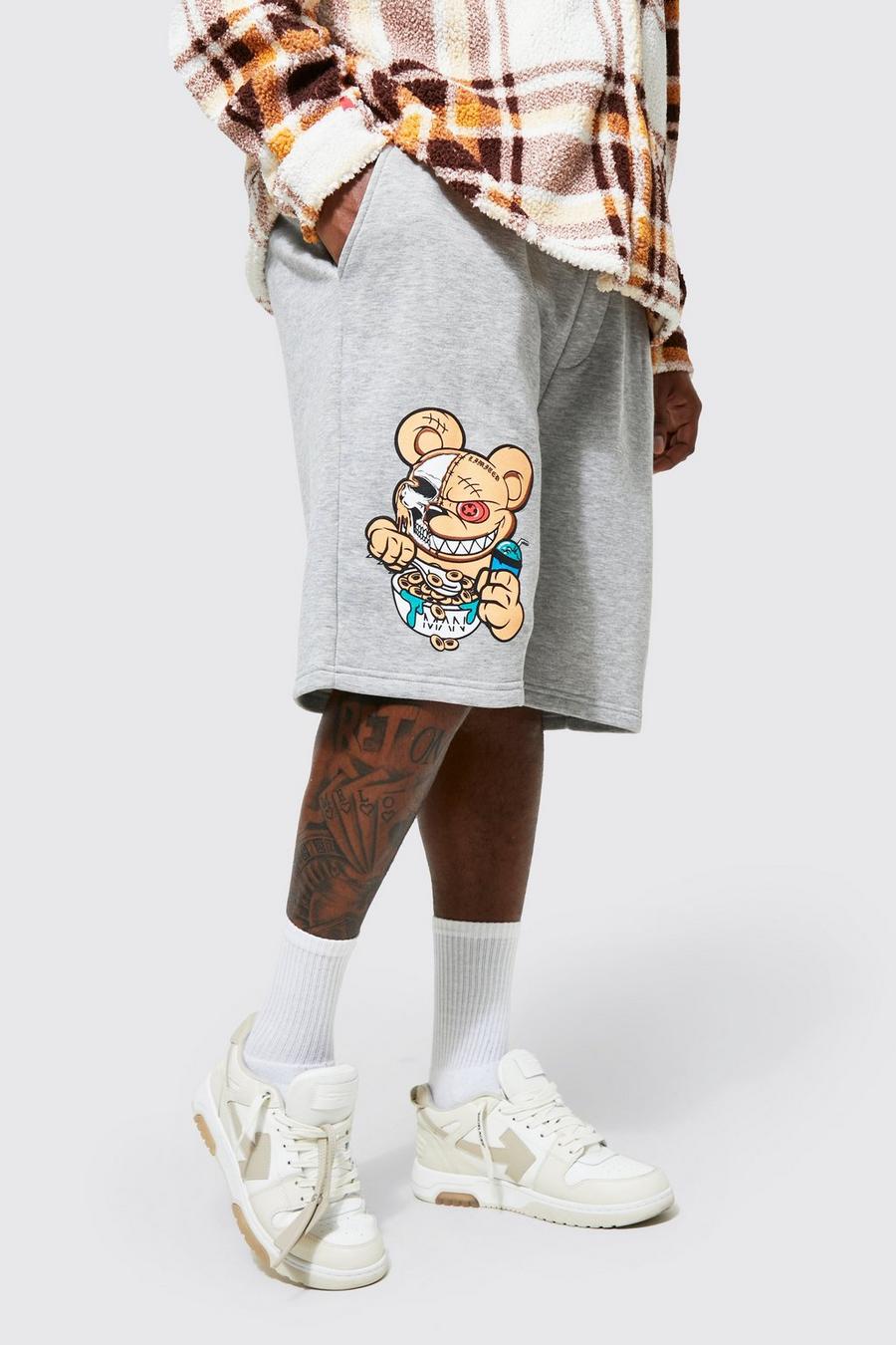 Grey marl Plus Evil Teddy Oversized Graphic Jersey Shorts image number 1