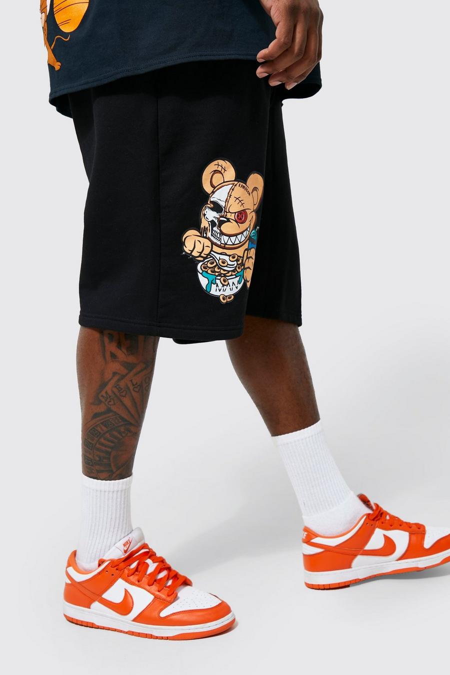 Black negro Plus Evil Teddy Oversized Graphic Jersey Shorts
