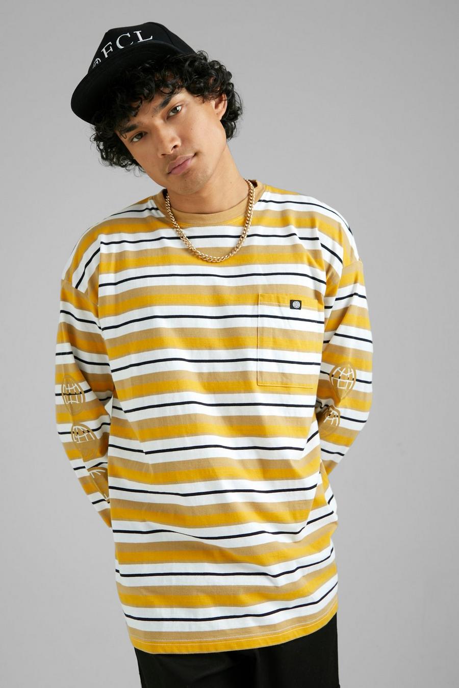 Yellow Oversized Striped Long Sleeve T-shirt image number 1