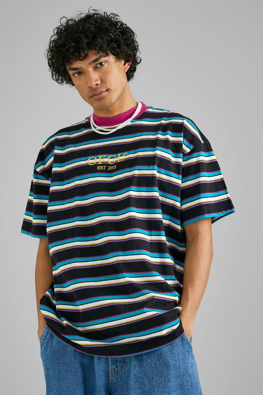 Black Oversized Ofcl Stripe Extended Neck T-shirt image number 1