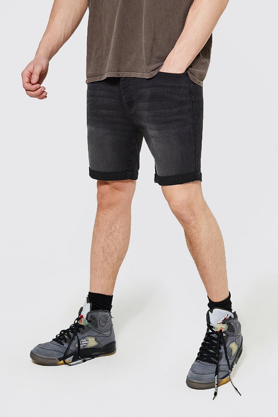 Pantaloncini Slim Fit in denim rigido, Charcoal image number 1
