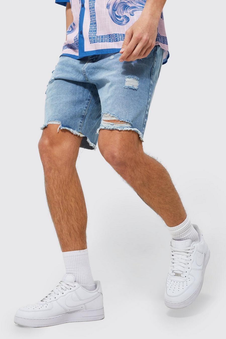 Light blue Relaxed Fit Rigid Multi Rip Denim Shorts   image number 1