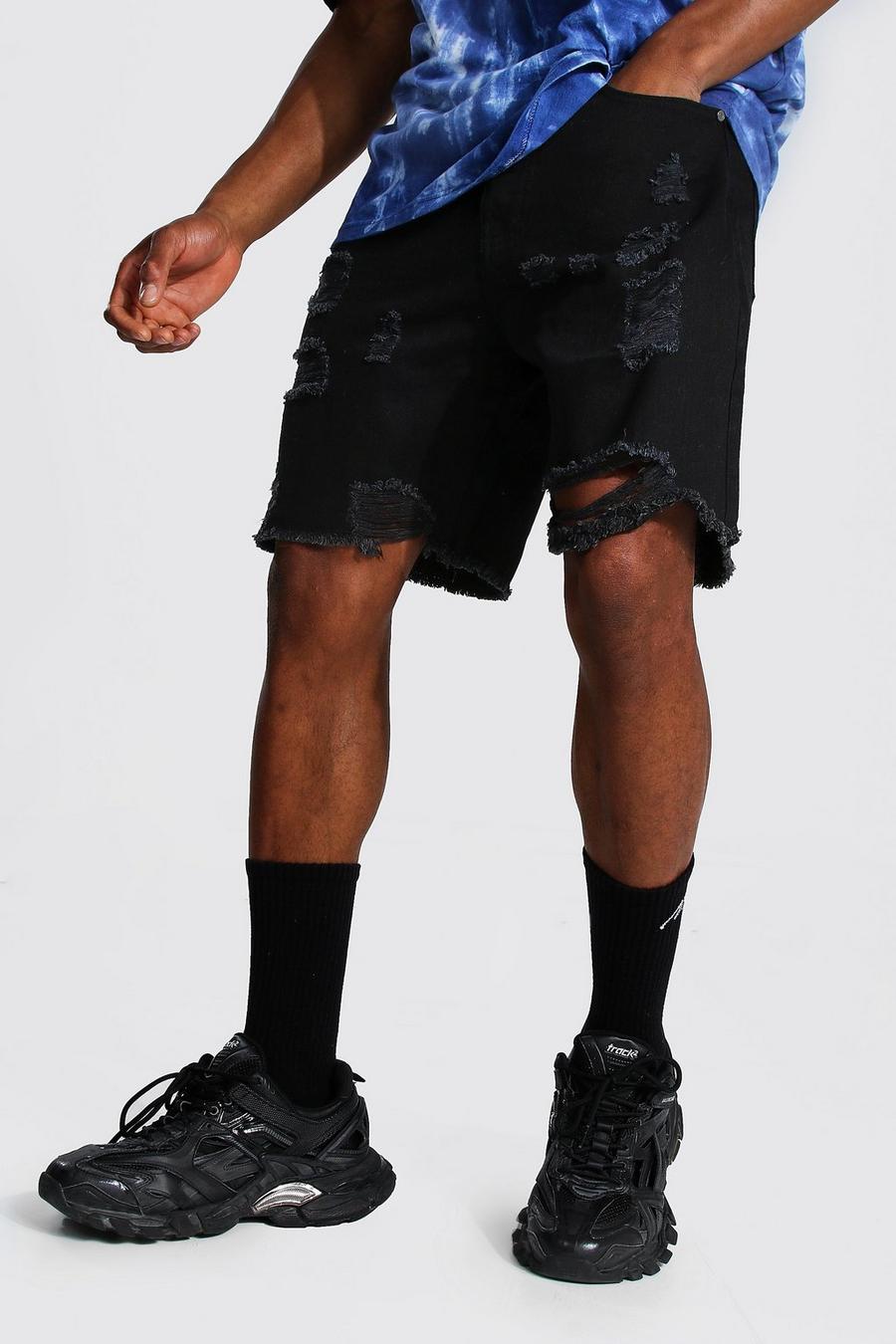 Washed black Relaxed Fit Rigid Multi Rip Denim Shorts  image number 1